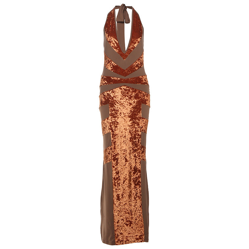 Self tie halter deep v neck patchwork maxi dress