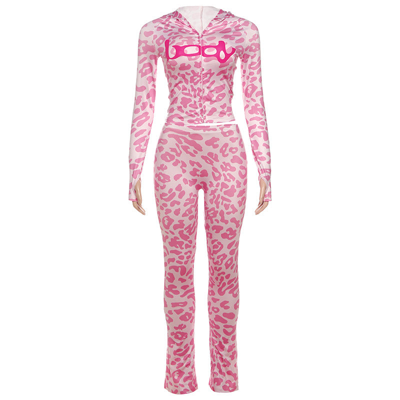 Leopard print hoodie long sleeve zip-up pant set