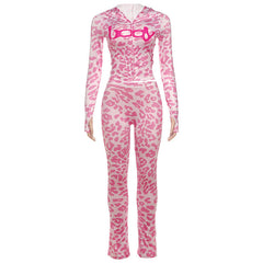 Leopard print hoodie long sleeve zip-up pant set