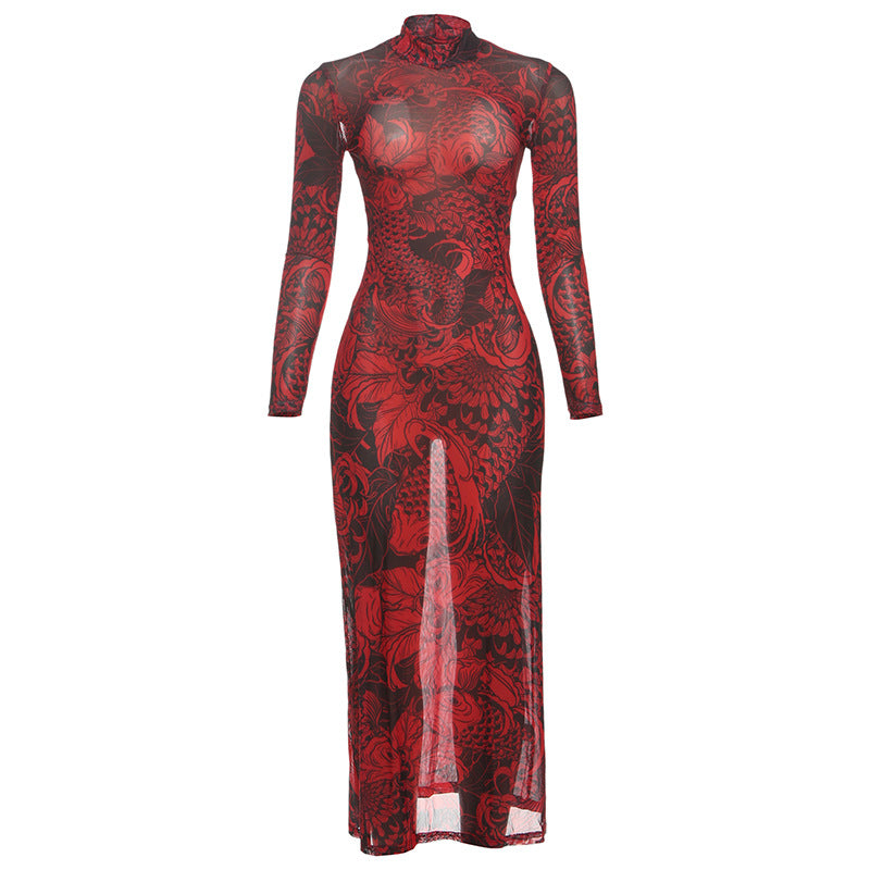 Long sleeve print sheer mesh high neck maxi dress