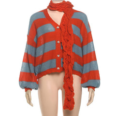 Long sleeve v neck button knitted striped print top