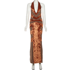Self tie halter deep v neck patchwork maxi dress