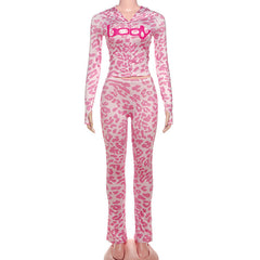 Leopard print hoodie long sleeve zip-up pant set