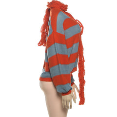 Long sleeve v neck button knitted striped print top