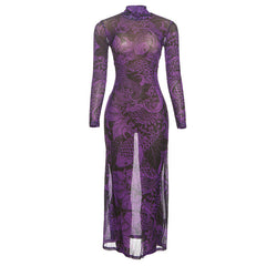 Long sleeve print sheer mesh high neck maxi dress