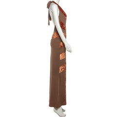 Self tie halter deep v neck patchwork maxi dress