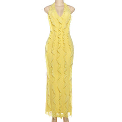 Halter self tie ruffle v neck solid maxi dress