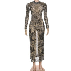 Long sleeve print sheer mesh high neck maxi dress