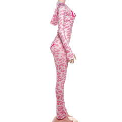 Leopard print hoodie long sleeve zip-up pant set