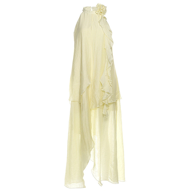 Crewneck flower applique irregular maxi dress