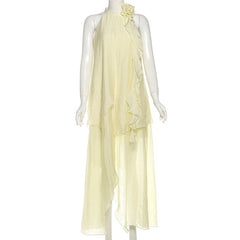 Crewneck flower applique irregular maxi dress