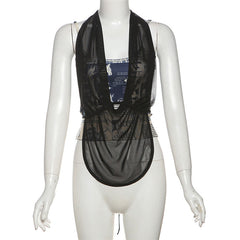 Halter print mesh self tie 2 piece cami top