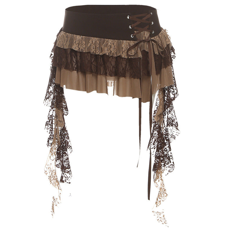 Irregular lace up mesh lace patchwork mini skirt