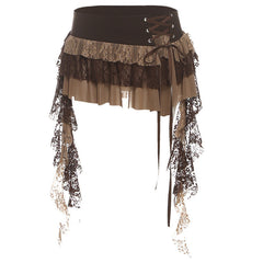Irregular lace up mesh lace patchwork mini skirt