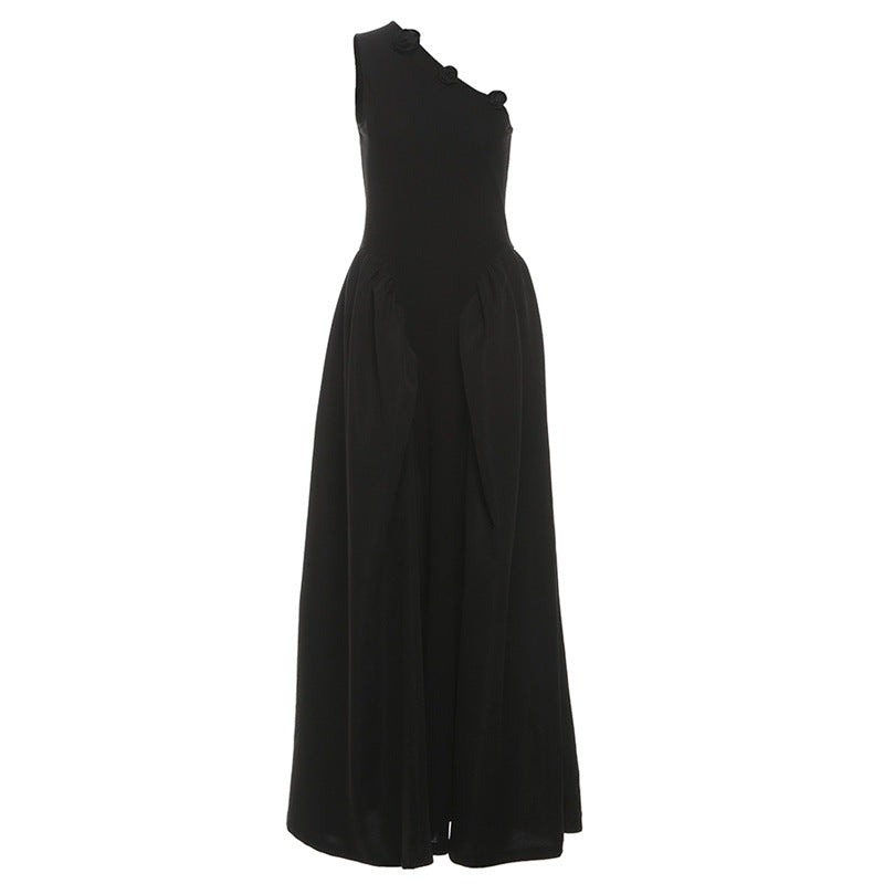 One shoulder irregular flower applique maxi dress