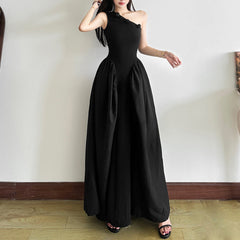 One shoulder irregular flower applique maxi dress
