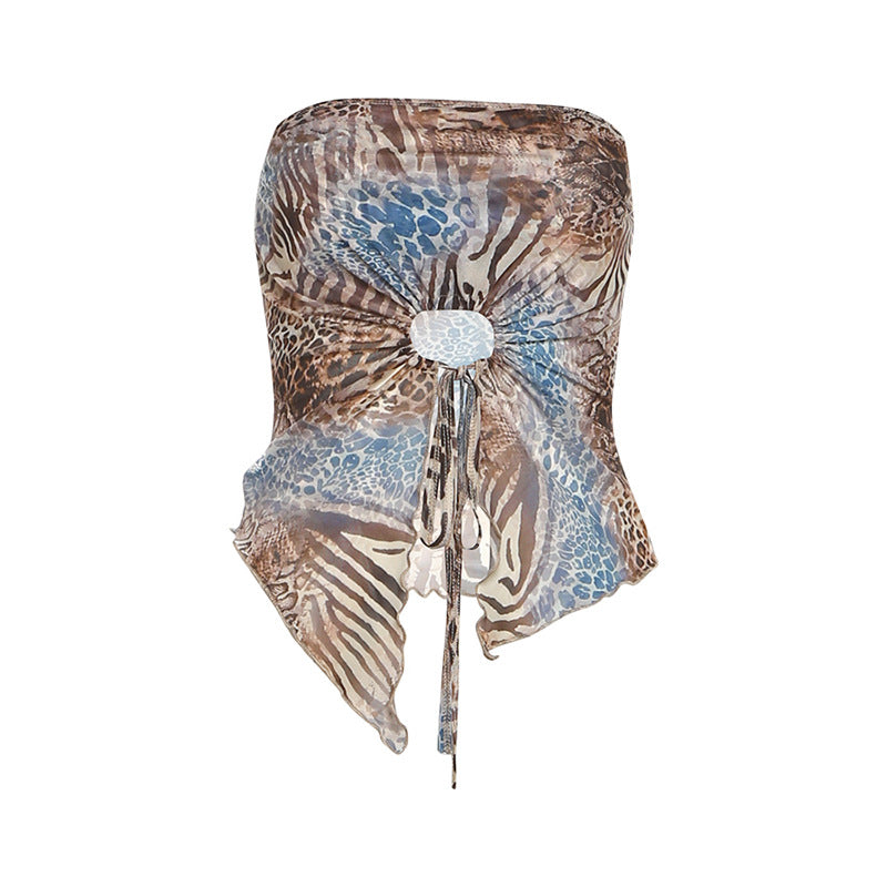 Leopard print hollow out self tie mesh tube cut out top