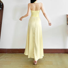Hollow out halter flower applique ruched cut out maxi dress