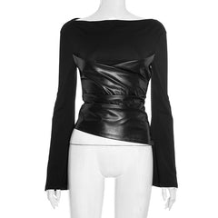 Long flared sleeve PU leather ruched top