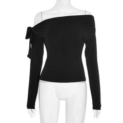 Off shoulder long sleeve knotted top