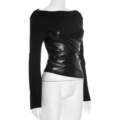 Long flared sleeve PU leather ruched top