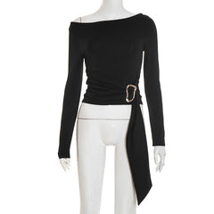 Off shoulder long sleeve ruched solid top