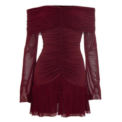 Off shoulder long sleeve mesh ruched mini dress