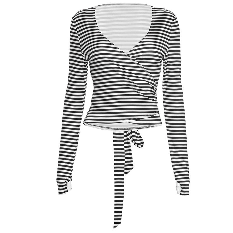 V neck long sleeve print knotted top