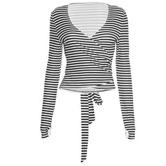 V neck long sleeve print knotted top