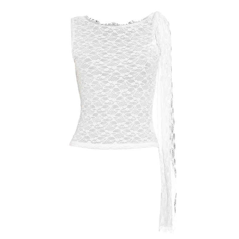 Sleeveless backless lace crewneck top