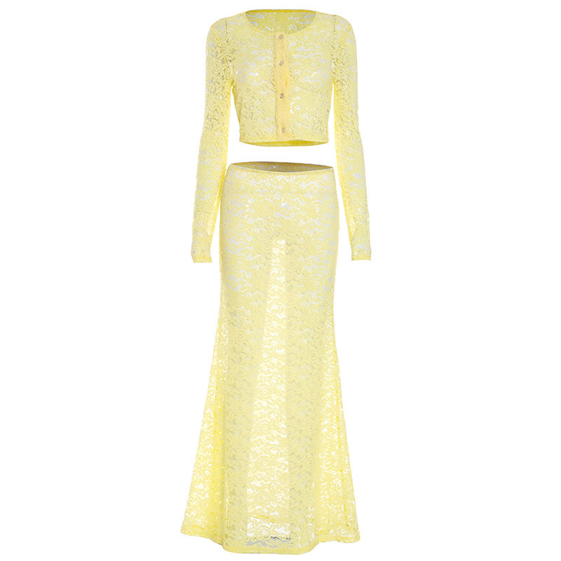 Long sleeve lace button crewneck maxi skirt set