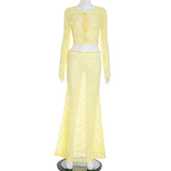 Long sleeve lace button crewneck maxi skirt set