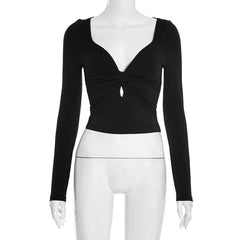 Long sleeve v neck solid ruched top