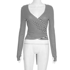 V neck long sleeve print knotted top