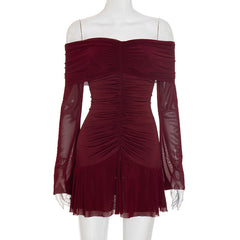 Off shoulder long sleeve mesh ruched mini dress