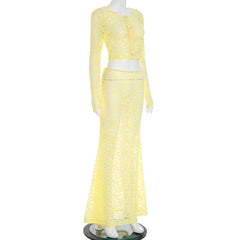 Long sleeve lace button crewneck maxi skirt set