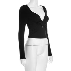 Long sleeve v neck solid ruched top