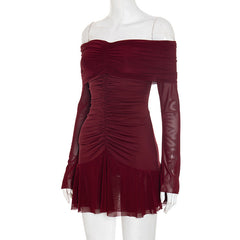 Off shoulder long sleeve mesh ruched mini dress