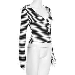 V neck long sleeve print knotted top