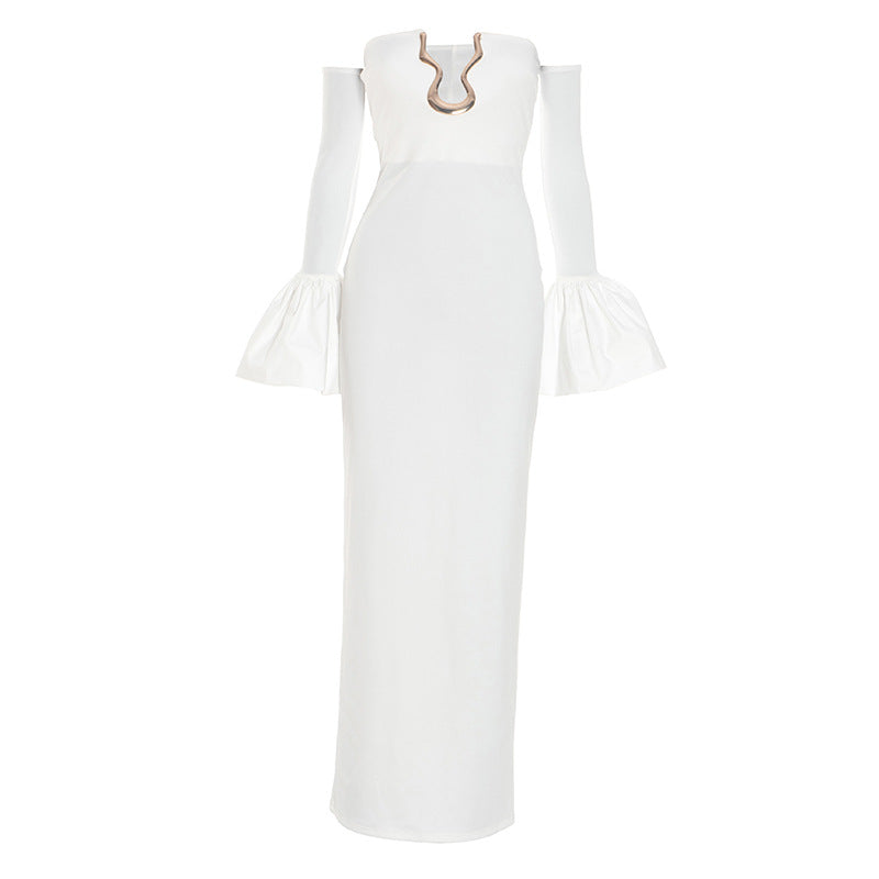 Notch neck gloves off shoulder maxi dress