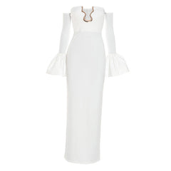 Notch neck gloves off shoulder maxi dress