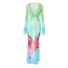 Long flared sleeve v neck mesh flower print ruffle maxi dress