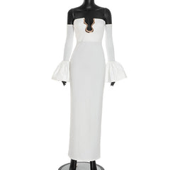 Notch neck gloves off shoulder maxi dress