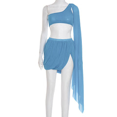 One shoulder slit mini skirt set