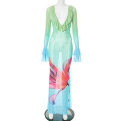 Long flared sleeve v neck mesh flower print ruffle maxi dress