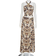 Leopard print halter high slit maxi skirt set