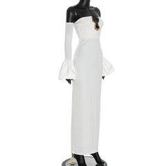 Notch neck gloves off shoulder maxi dress