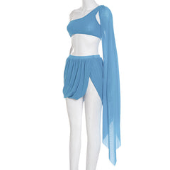 One shoulder slit mini skirt set