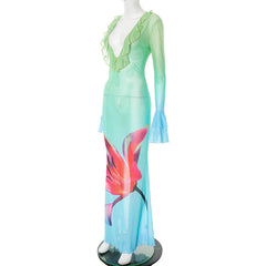 Long flared sleeve v neck mesh flower print ruffle maxi dress