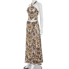 Leopard print halter high slit maxi skirt set